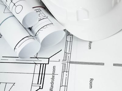 Planning of construction of the house. Drawings for building house and helmet. Working drawings.